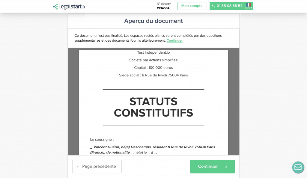 Legalstart aperçu des statuts