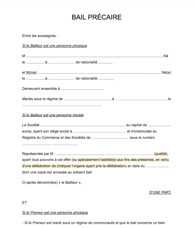 Mod le Bail Pr caire Gratuit Sans Incription 2025