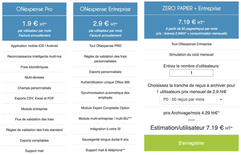 tarifs onexpense